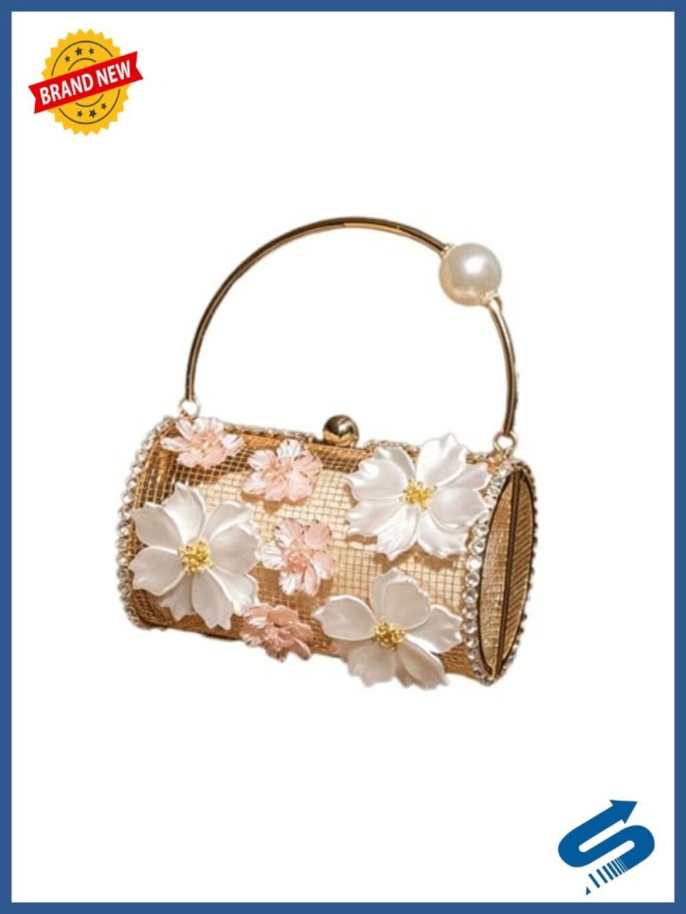 Acrylic Mesh Rhinestone Evening Bag Clutch with Pearl Handle
